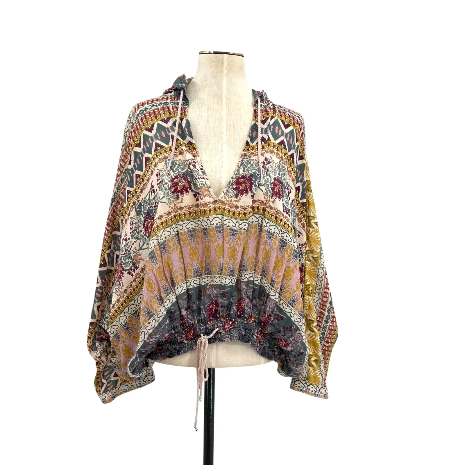 Free People Hold On Tight Gauze Pullover Top Hooded Floral Paisley XS Small‎ - Image 2