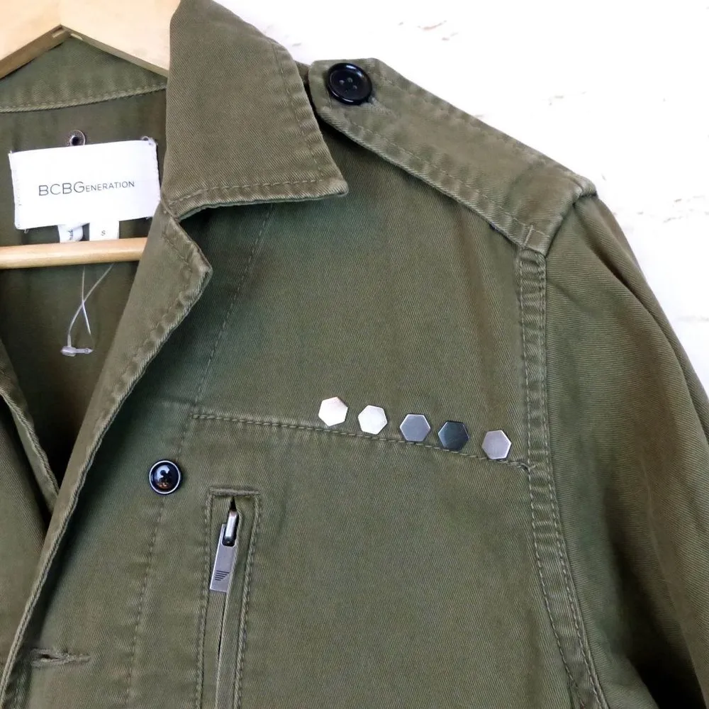 BCBGeneration Military Utility Jacket Women S Olive Green Twill Button Front - Image 12