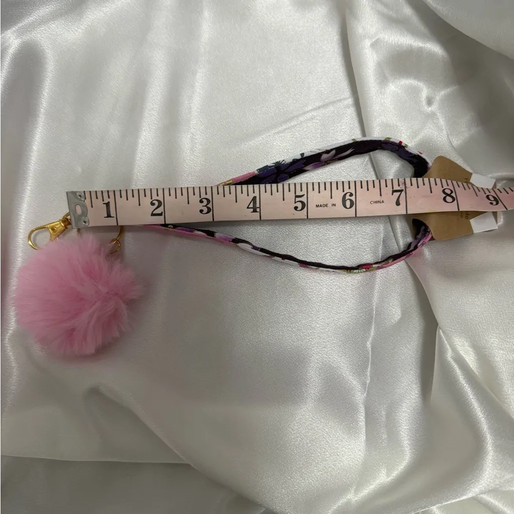 Handmade Pink and Purple Cherry Blossom Wristlet Keychain with Pink Pompom - Image 6