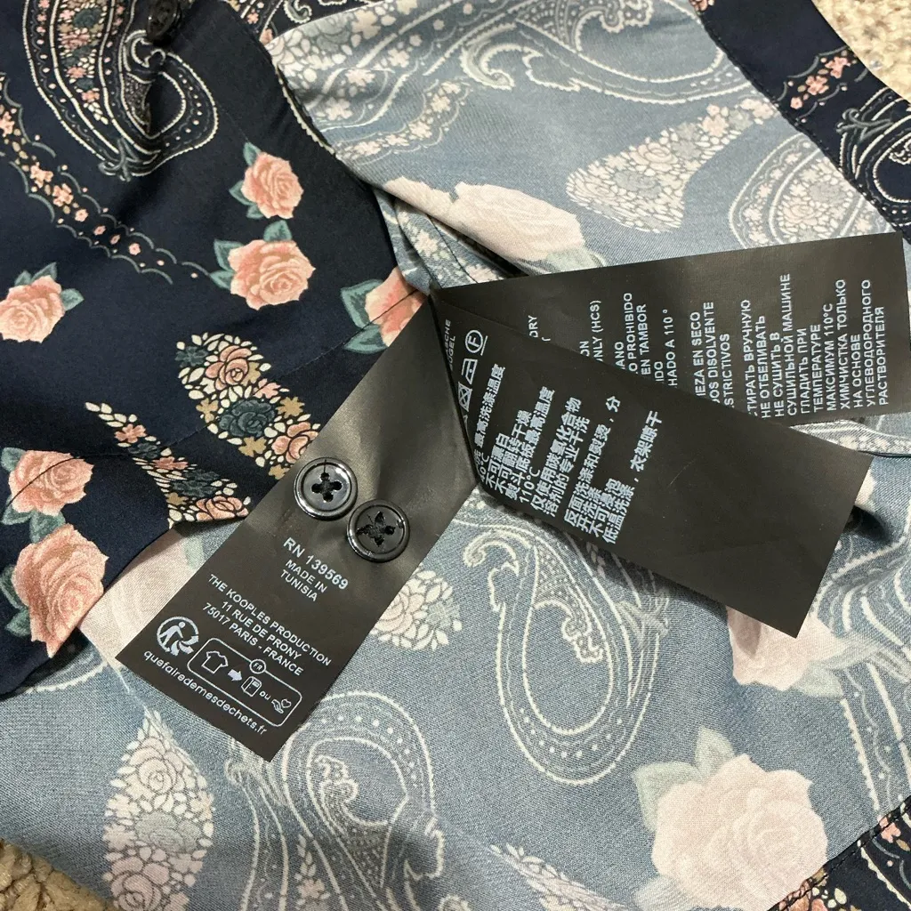 THE KOOPLES Paisley Floral Pajama Blouse 0 17.5” P2P Navy $275 Retail NWT - Image 10