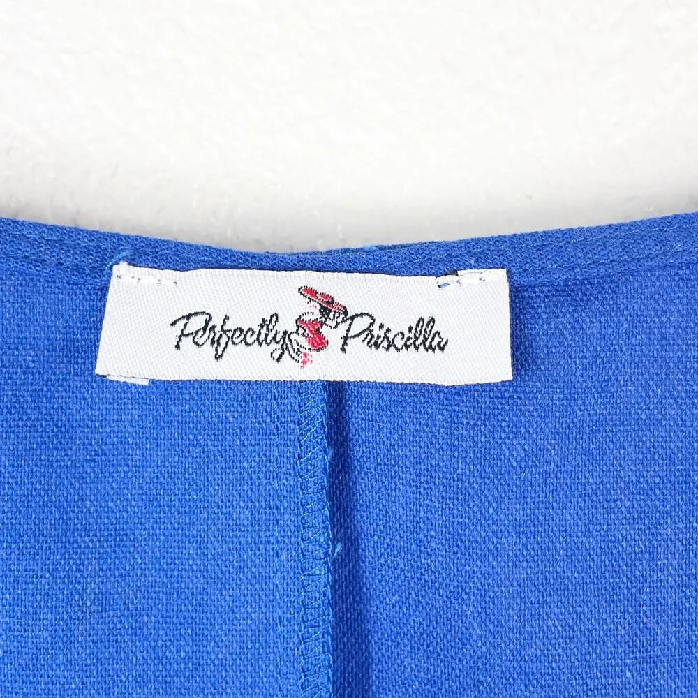 Perfectly Priscilla Women's Cobalt Blue Embroidered Floral 2X Linen Blouse Top - Image 3