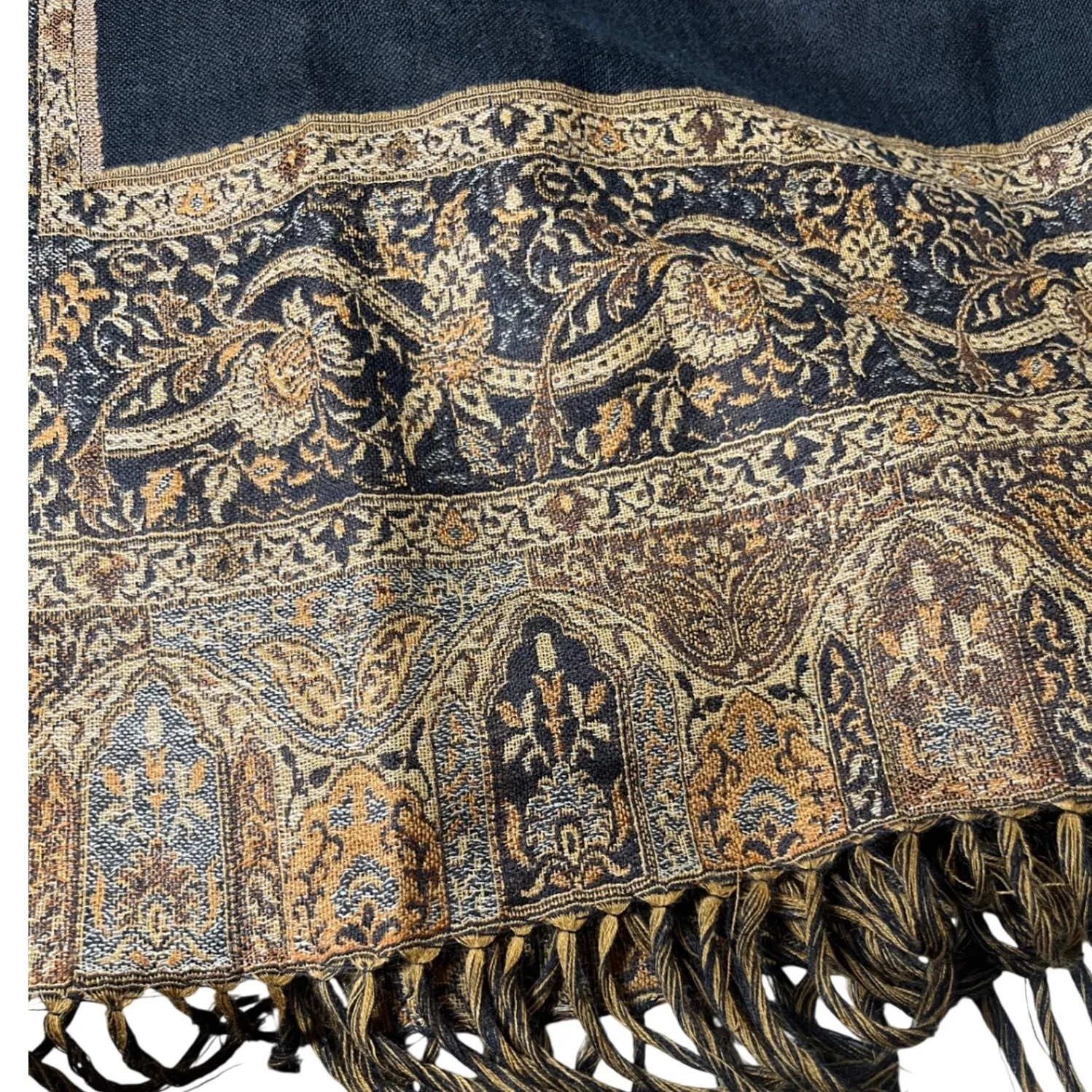 Boho Serpent Paisley Fringe Shawl Wrap Wool Blend Black Gold Soft Drape Womens - Image 4
