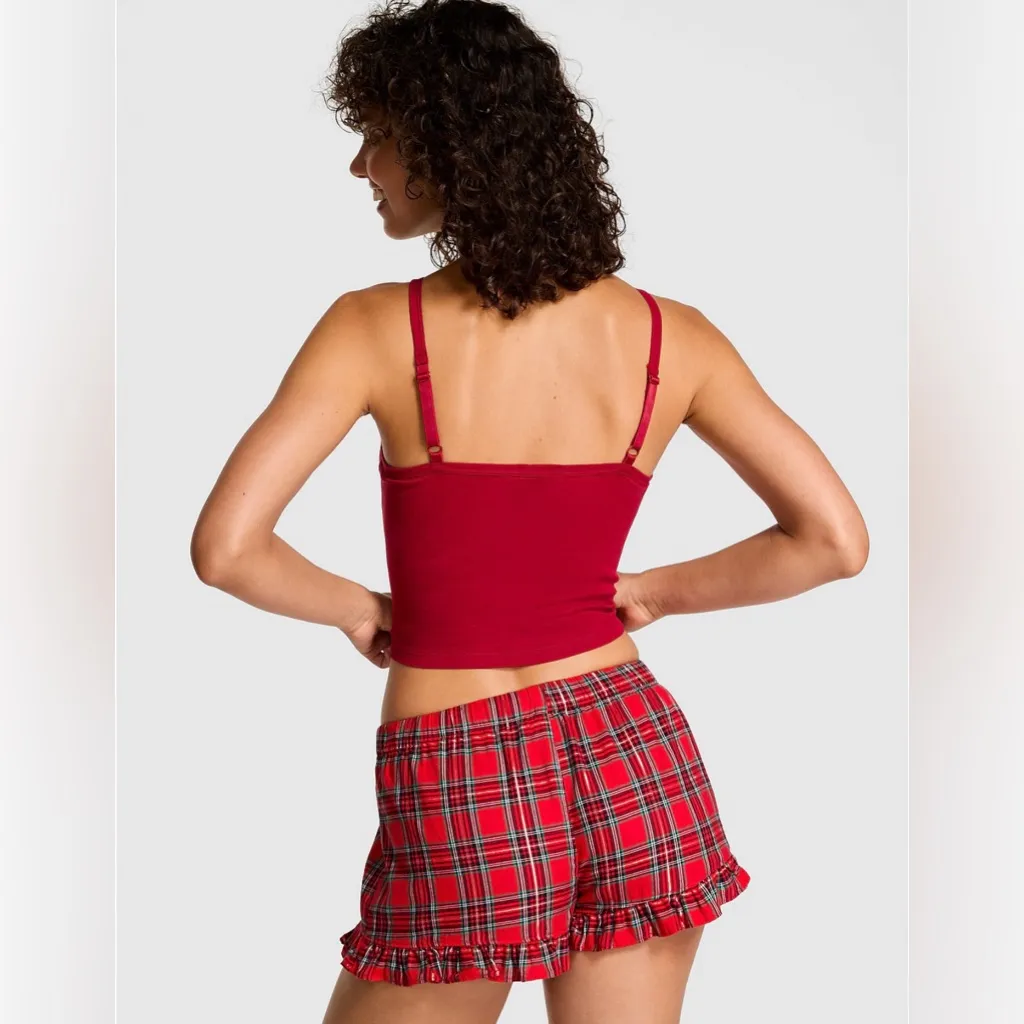 🎄PINK VICTORIA’S SECRET Flannel Pajama Shorts Red Green Plaid Ruffle Preppy L - Image 9