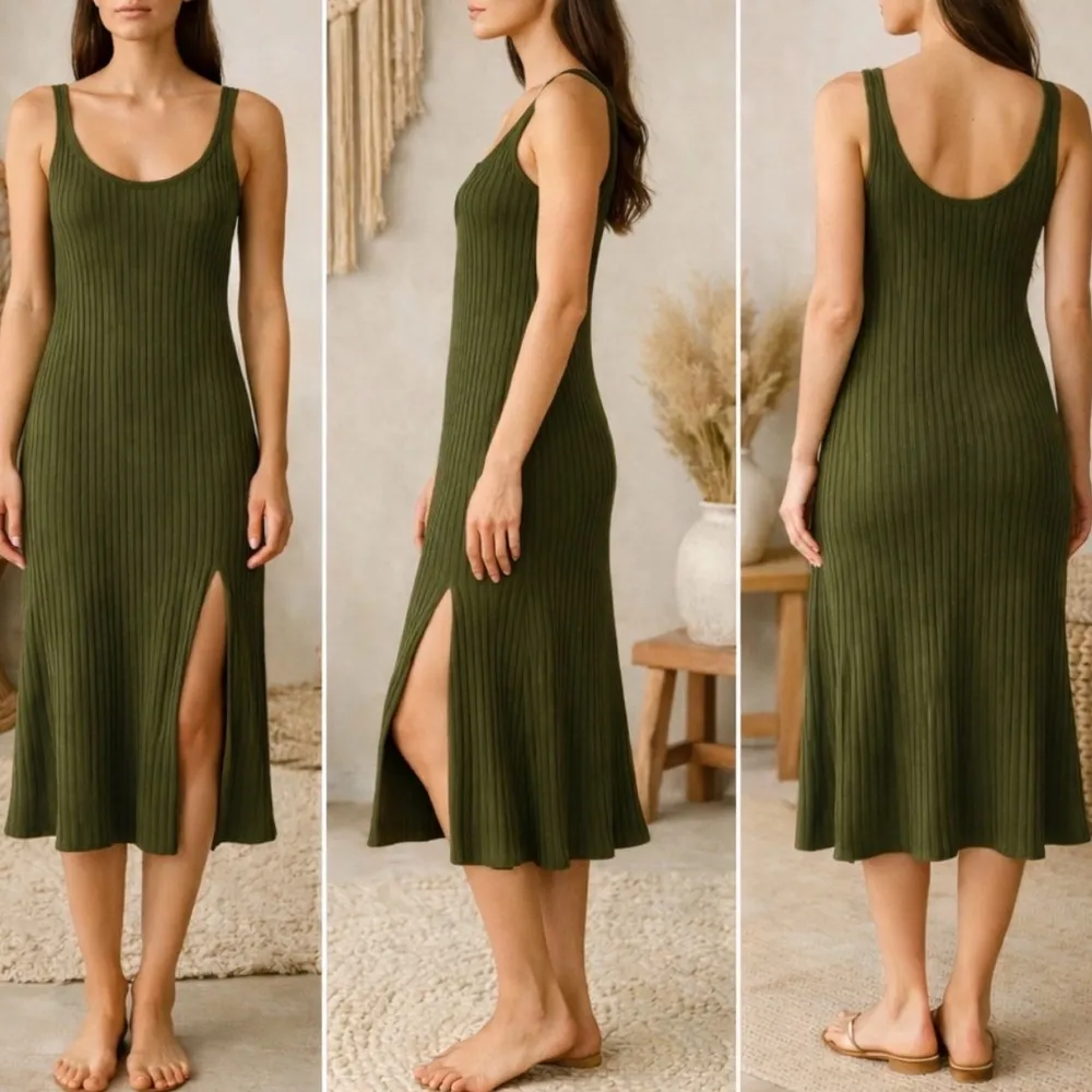 Vitamin A West Organic Ribbed Midi Dress in Olive Green - Image 7