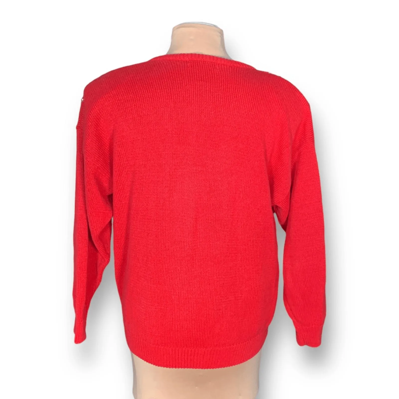 Vintage Bright Cherry Red Sequin Beaded Eclectic Statement Cardigan Knit Sweater Size L - Image 4