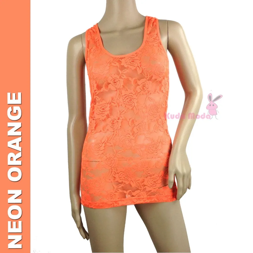 ROSE FLORAL LACE STRETCH RACER BACK CAMI SHIRTS SLIMMING MESH TANK TOP HOT TEE Orange - Image 2
