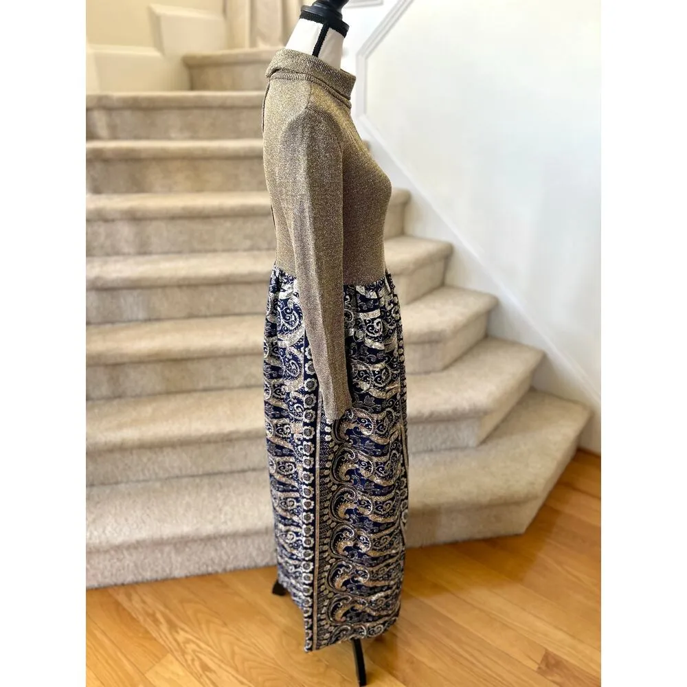 Vintage 60s/70s Metallic Gold & Navy Brocade Turtleneck Hostess Maxi Dress - Image 2