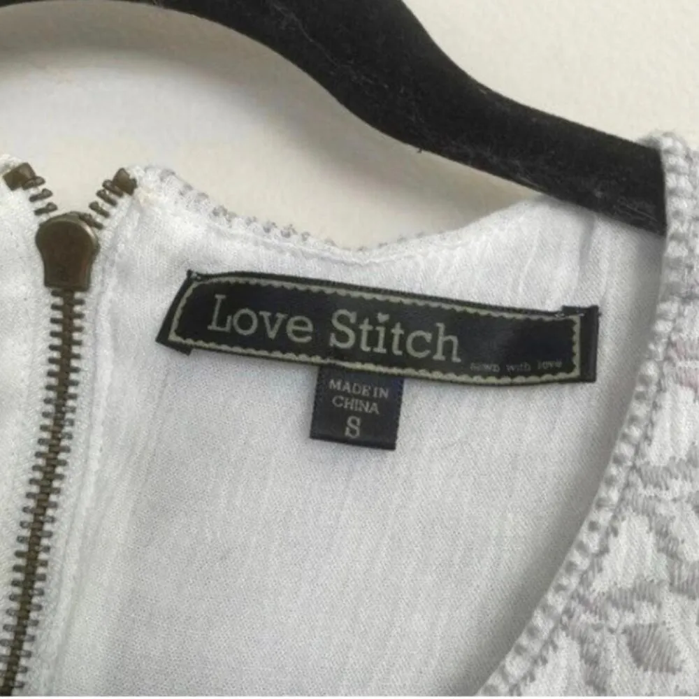 Love Stitch 100% Cotton White Gauzy Tank Top Grey Embroidery Cut Out Back - Image 9