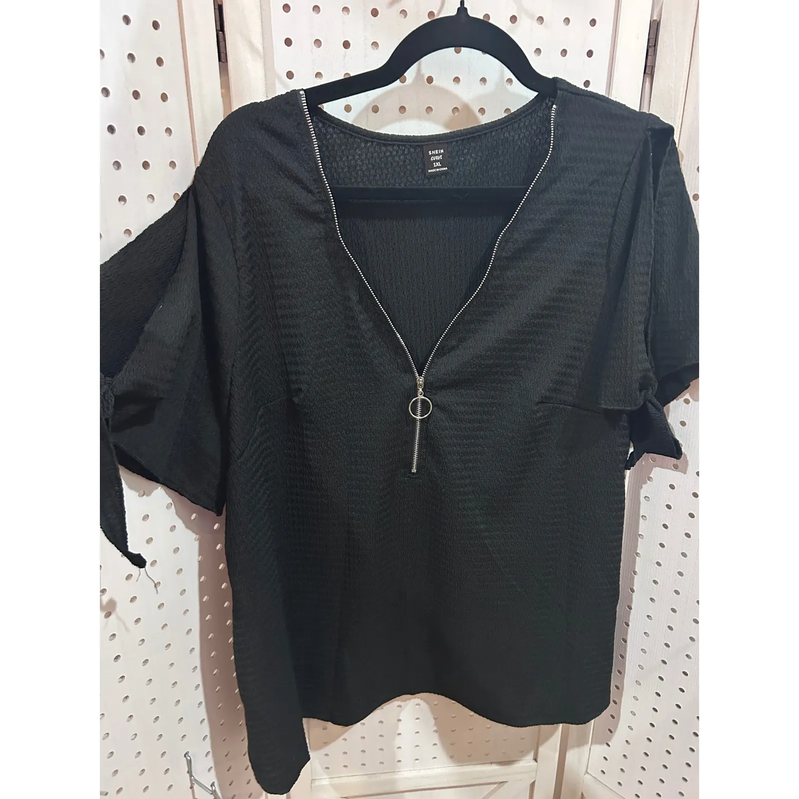 SHEIN Curve Black Textured V Neck Zipper Sleeve Tie Top Plus Size 1XL - Image 2