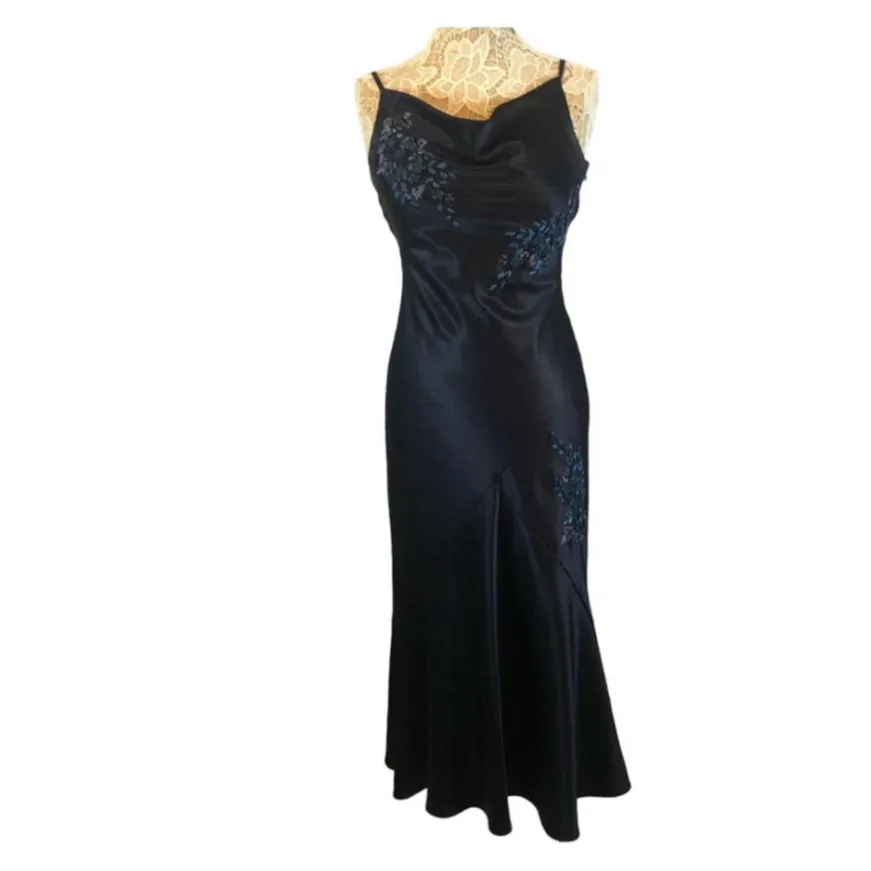Y2K Alex Evenings navy beaded slip cowl neck floral satin formal Gown small - Image 3