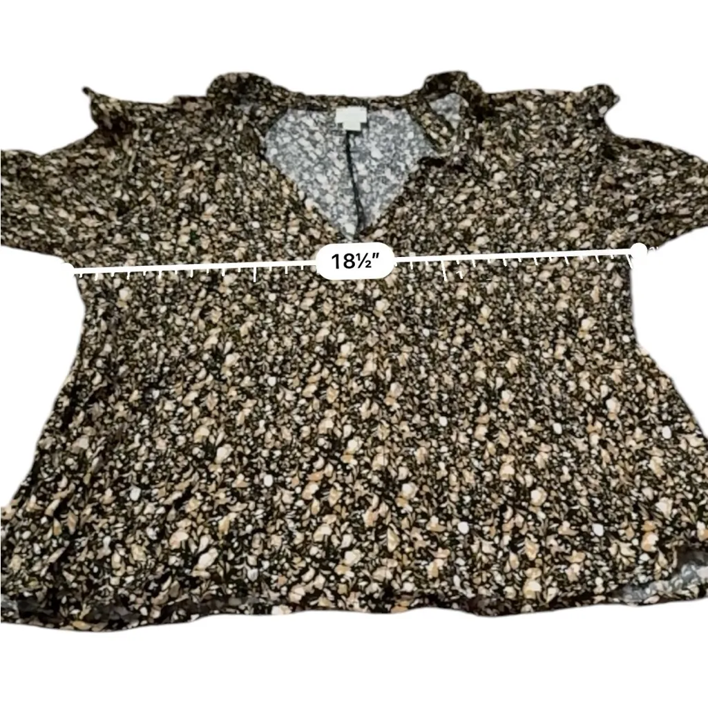 Evereve Roan‎ + Ryan Black, Mustard & Cream Floral 3/4 Sleeve Ruffle V Neck Top Black Size XS - Image 7