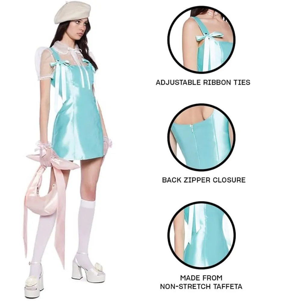 CURRENT MOOD Dolls Kill Pixie Stardust Satin Bow Straps Aqua Mini Dress Size S - Image 14