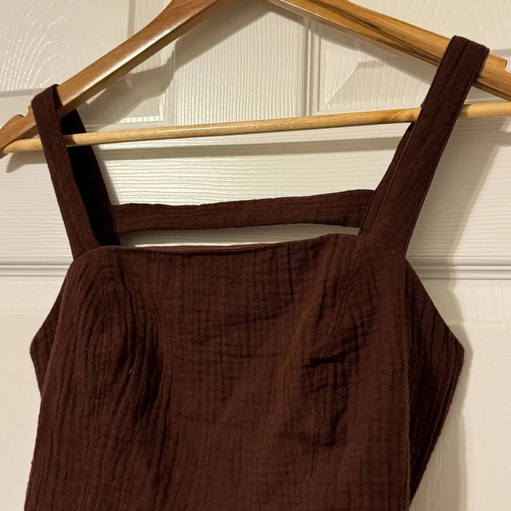 Anthropologie Smocked Tank Top Size XS Brown Cocoa Cotton Tie Back Lined Stretch - Image 5