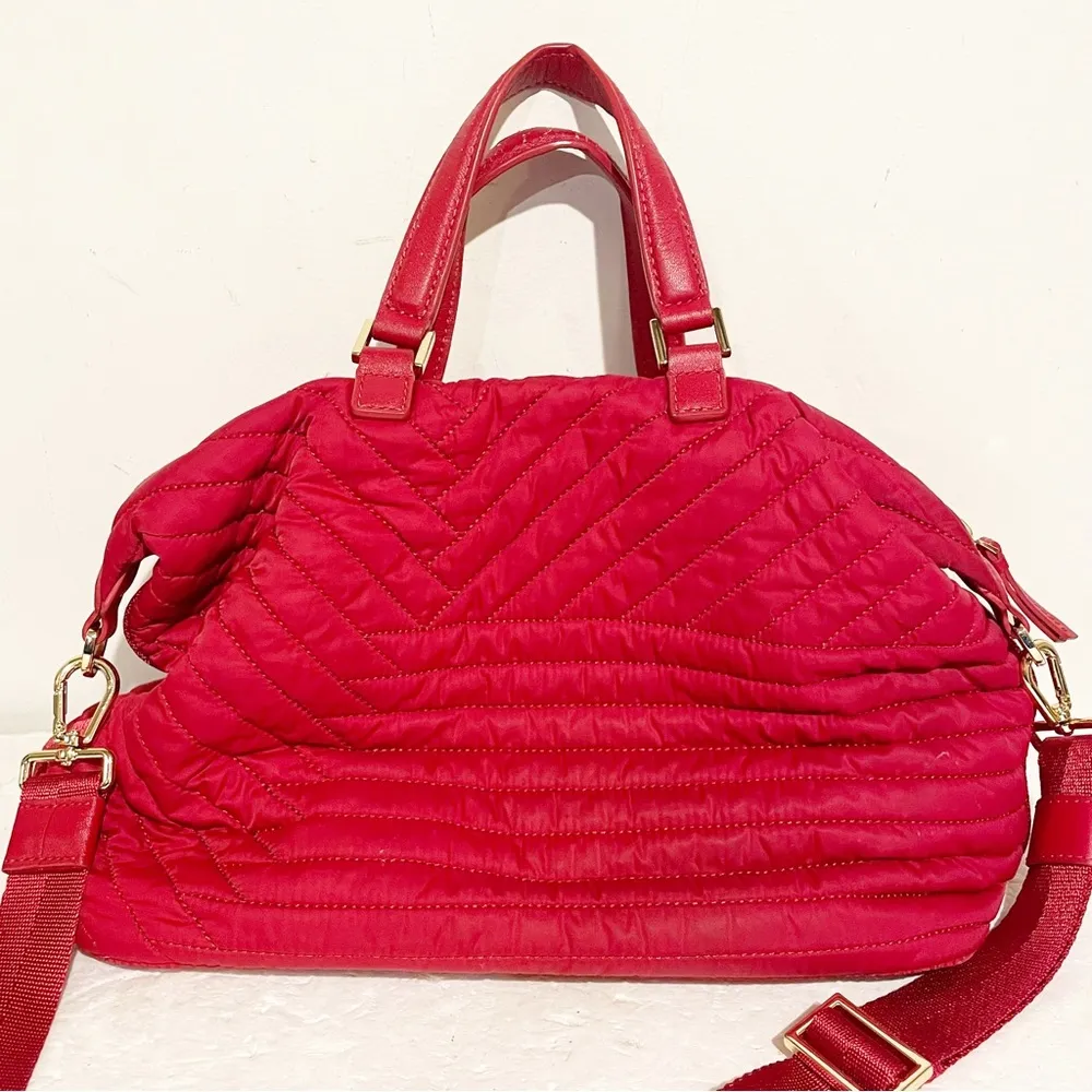 Tory Burch Red Quilted Nylon Slouchy Satchel Shoulder Handbag Purse - Image 8