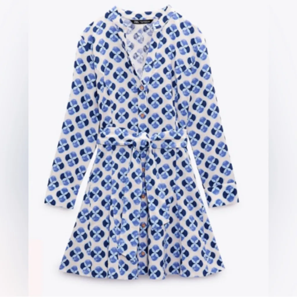 ZARA Linen Blend Printed Tie Waist Mini Dress Blue Womens Size Small Coastal - Image 2