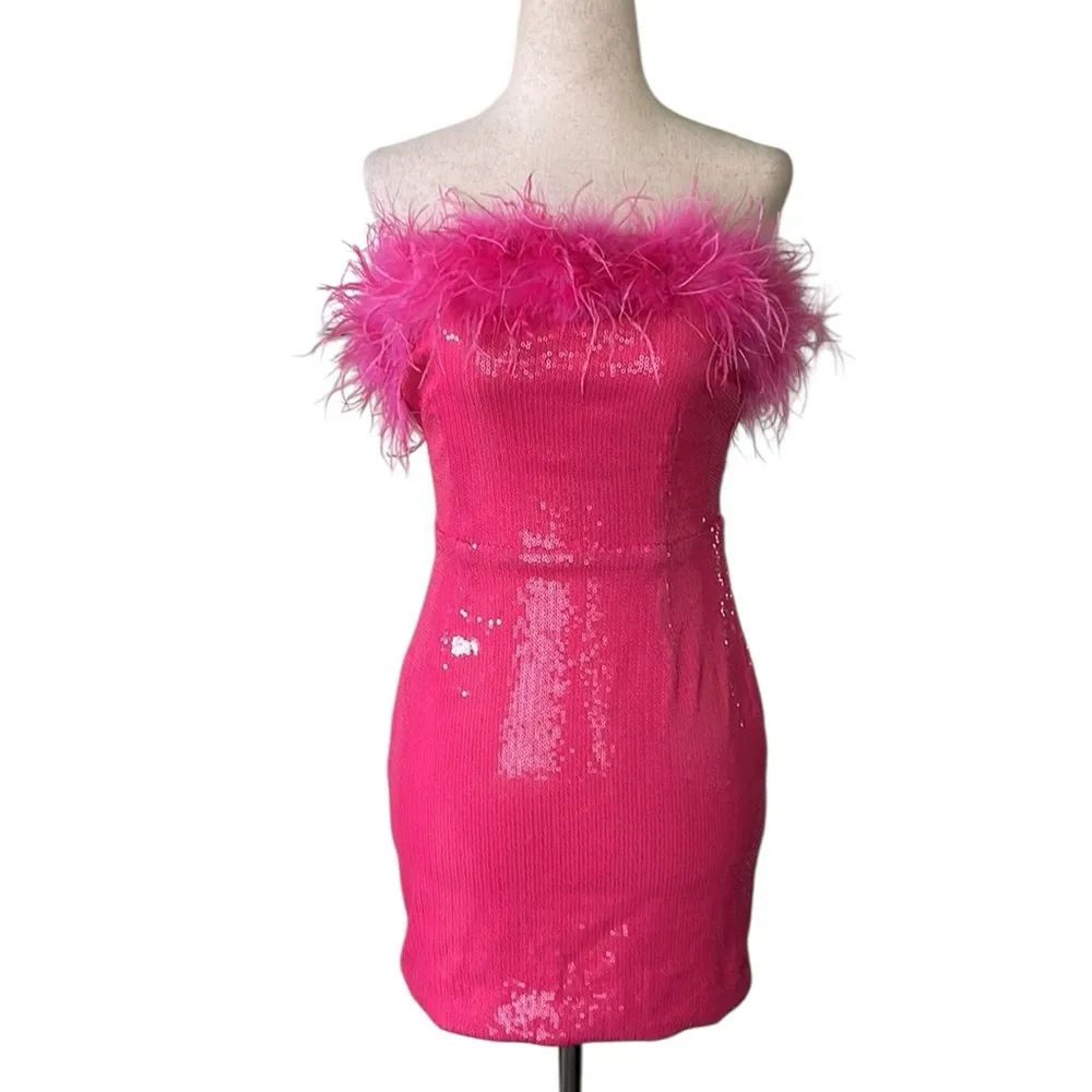 Pink Sequined Feather Trim Mini Dress Size M - Image 10