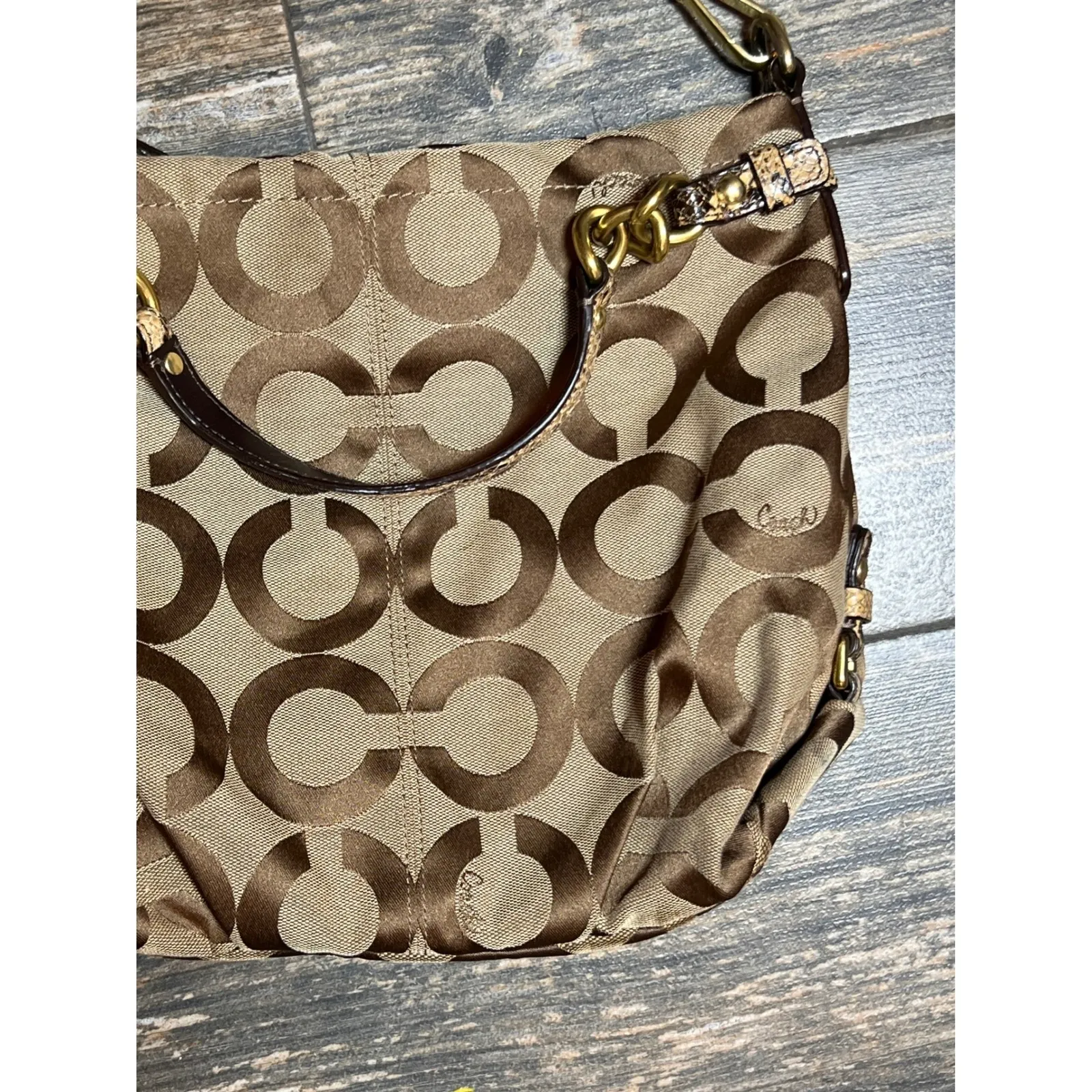 Coach Op Art Hobo Shoulder Bag Brown Gold Snakeskin Y2K Slouchy Canvas  15027 - Image 4