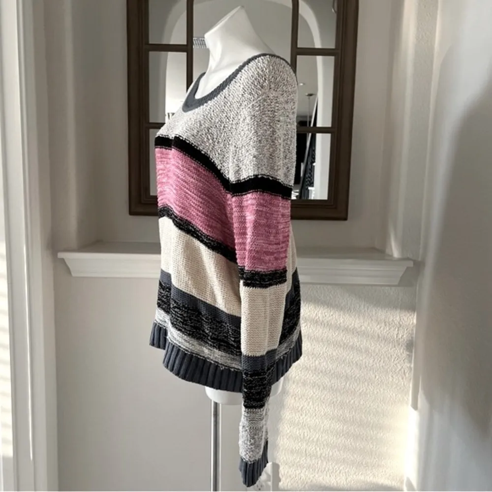 Caslon V-Back Knit Sweater Striped Pullover, Red Cream Grey Black Size L - Image 3