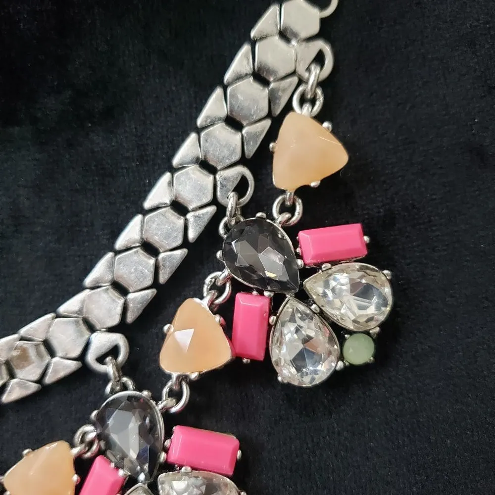 Stella & Dot Colorful Rhinestone Statement Pink Peach Silver Tone Necklace - Image 3