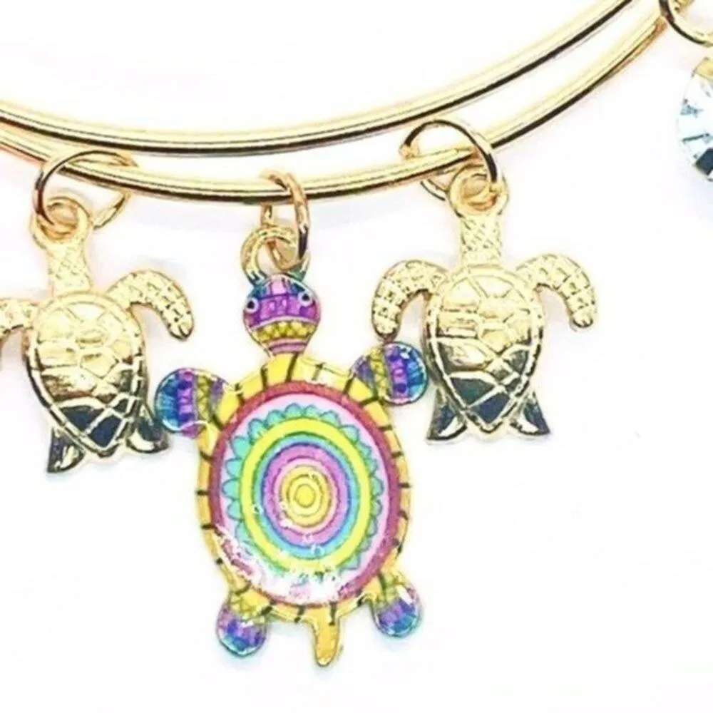 Beaded Sea Turtle Charm Colorful Bangle Bracelet - Image 2
