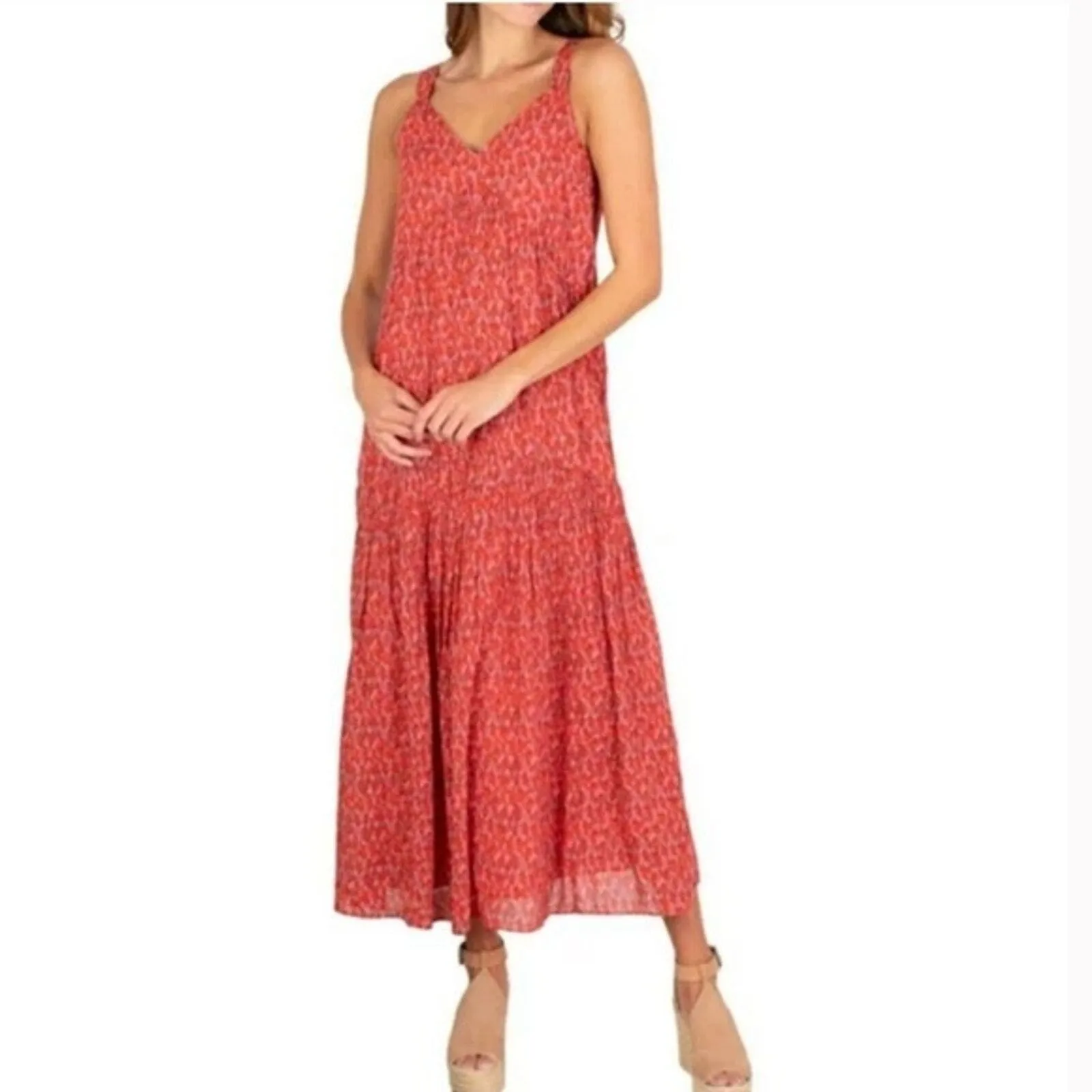 Joie Dress Womens Medium Red Pink Tea Rose Bondi Tier Maxi Sundress Boho Peasant - Image 9