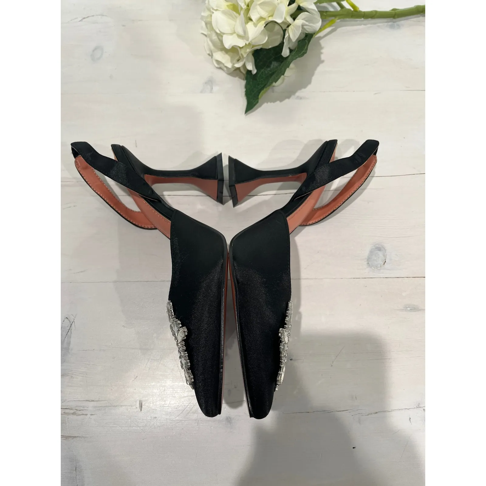 Black Satin Slingback Heels Crystal‎ Embellished Pumps Party Evening Occasion Size 8 - Image 3