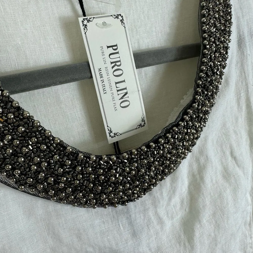 Lungo L'Arno NWT White Beaded 100% Linen Tank Blouse Made In Italy Size L Size L - Image 4