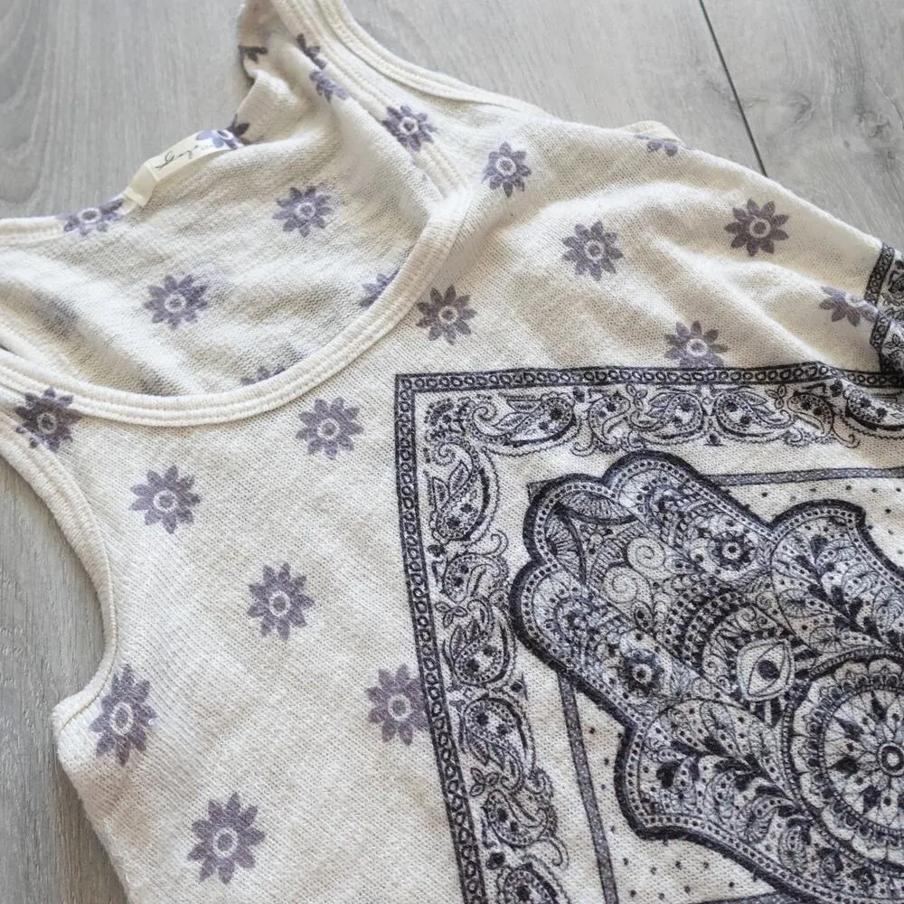 Gaze Spiritual Hamsa Hand Tee Scoop Neck Yoga Casual Floral Cream Tank Top Blue Size XS - Image 3