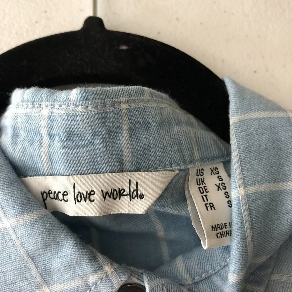 Peace Love World Plaid Printed Shirt with Ruffles Button Front Cotton Blue XS - Image 3