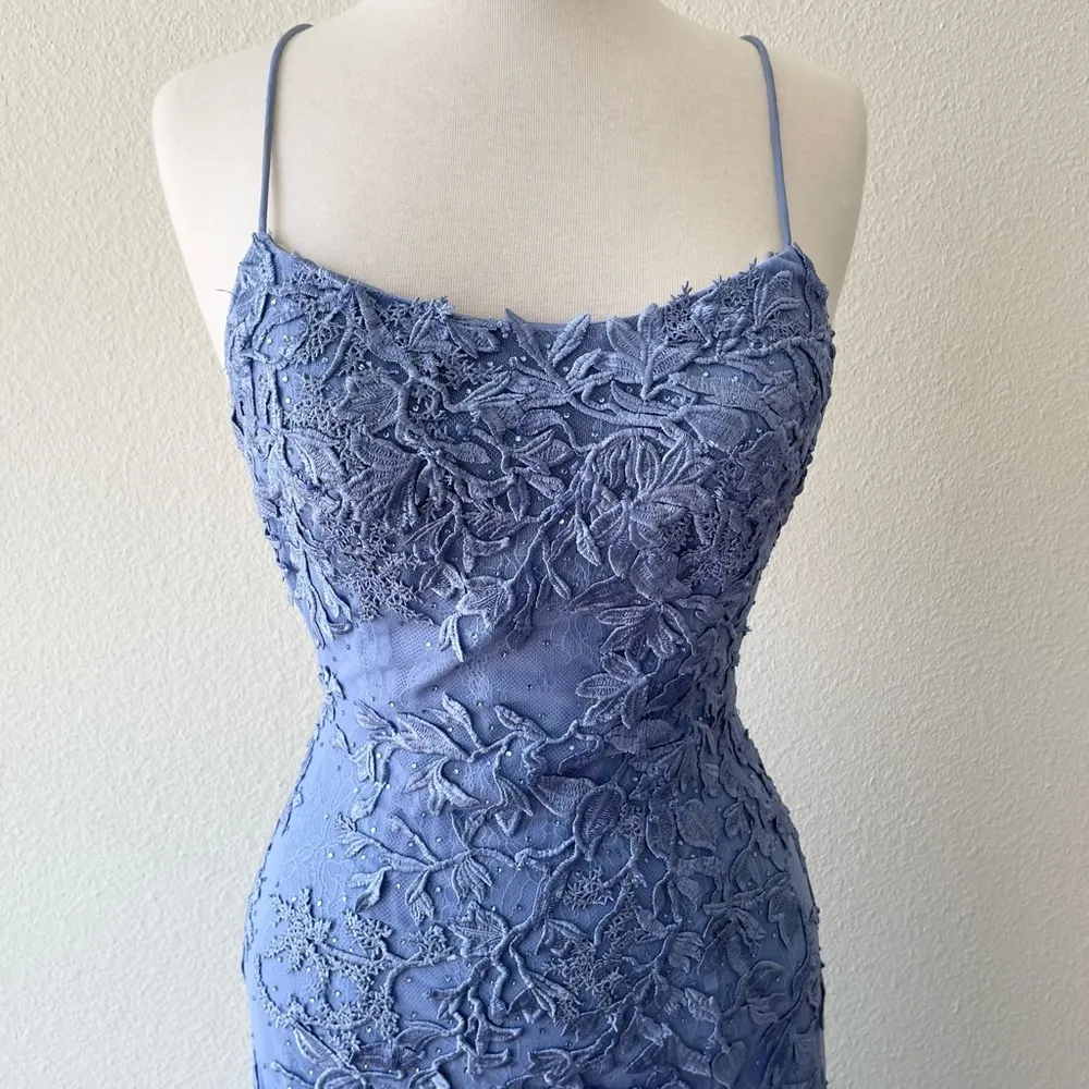Sherri Hill Blue Lace Evening Gown Mermaid Medium Tail Prom Dress Party Size 6 - Image 8