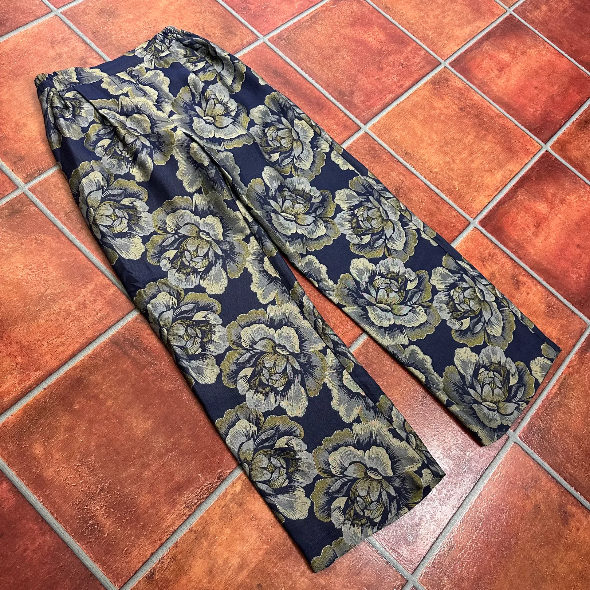 Atelier Camille Paris Navy Gold Stretchy Brocade Pants Size Blue - Image 2