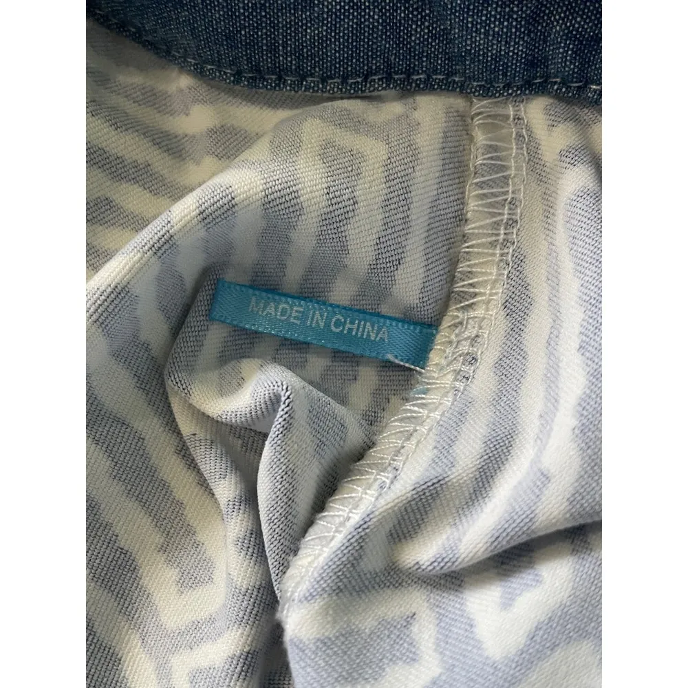 J McLaughlin Blue White Geometric Print Shift Dress Chambray Trim Size Large - Image 9