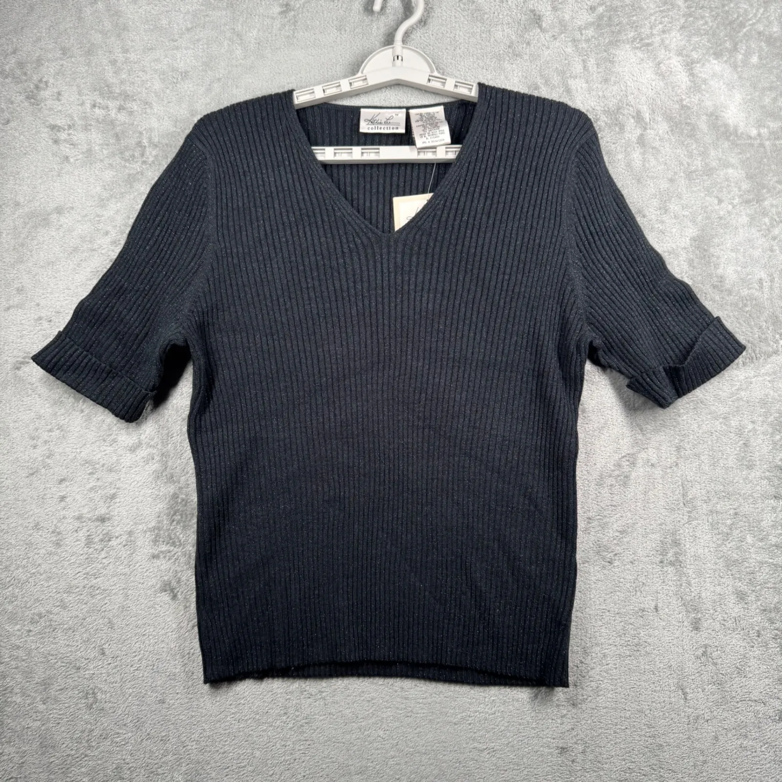 Kathie Lee Collection Knit Top Black Short Sleeve Ribbed V Neck Metallic Large - Image 2