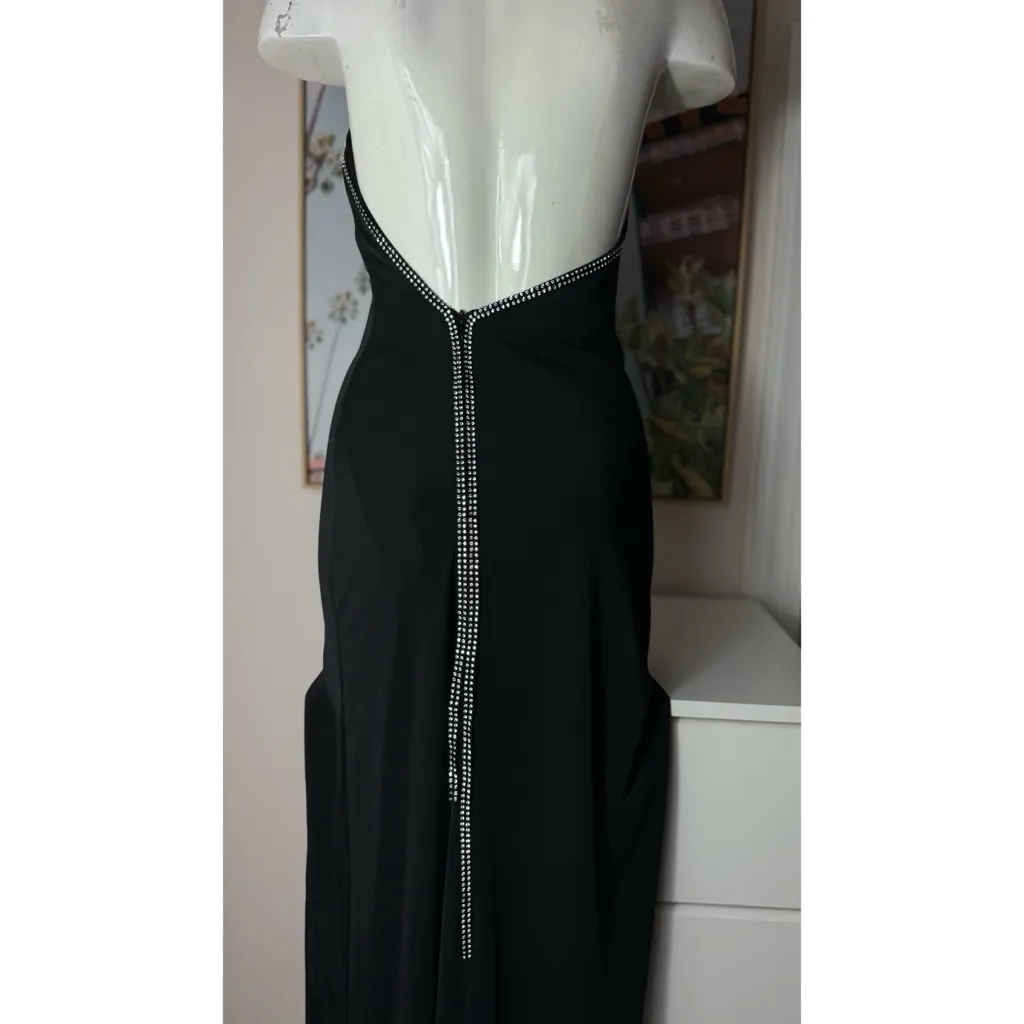 J’adore Black Diamante Halter Maxi Bodycon Dress Strappy Back Size Small - Image 5