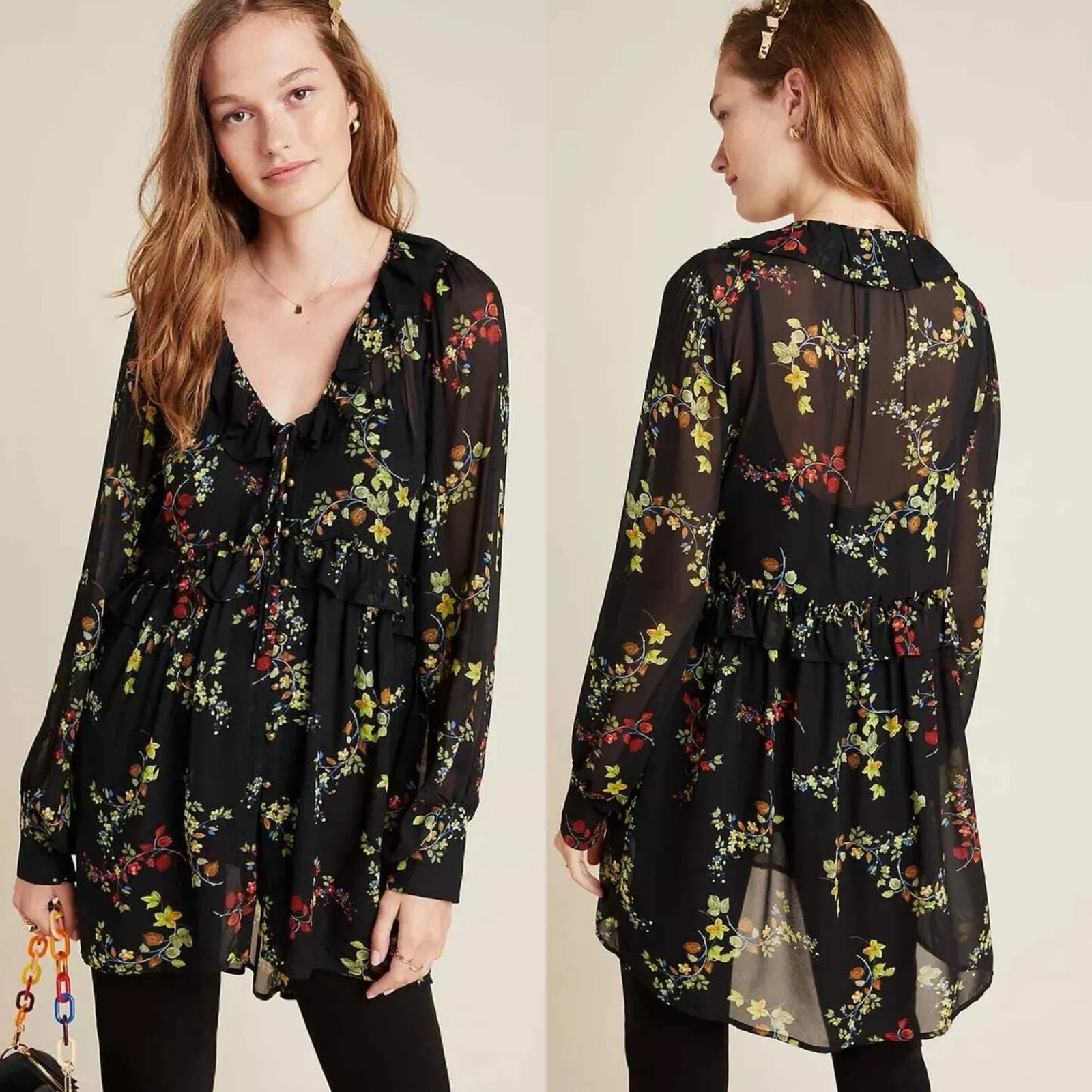 Anthropologie Floral Sheer Jamison Tunic Top Black Size XS - Image 2