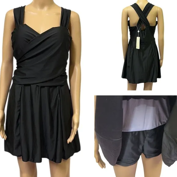 Black One Piece Modest Criss Cross Back Swim Dress Suit Womens Plus Size Size undefined - Image 2