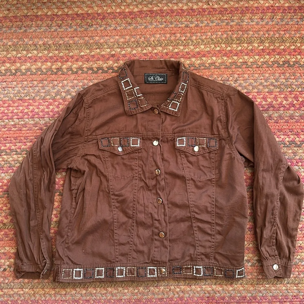 VTG ST CLAIR BROWN BUTTON UP SQUARE SEQUIN DETAIL JACKET Size M - Image 7