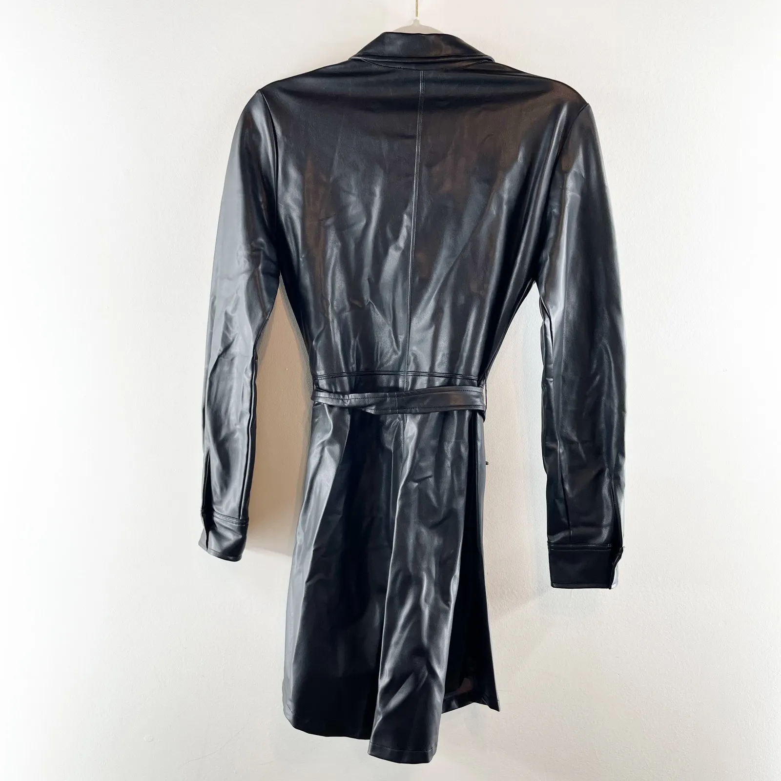 David Lerner Long Sleeve Belted Button Up Faux Leather Shirt Dress Black Small - Image 4
