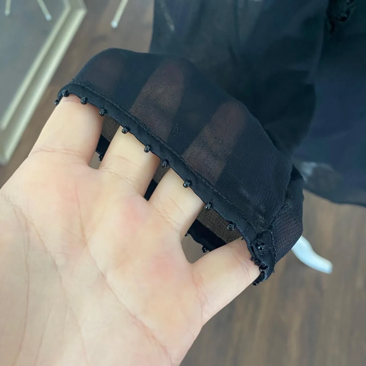 Petite Sophisticate Whimsygoth Black Mesh Velvet Floral Beaded Blouse Top L - Image 4