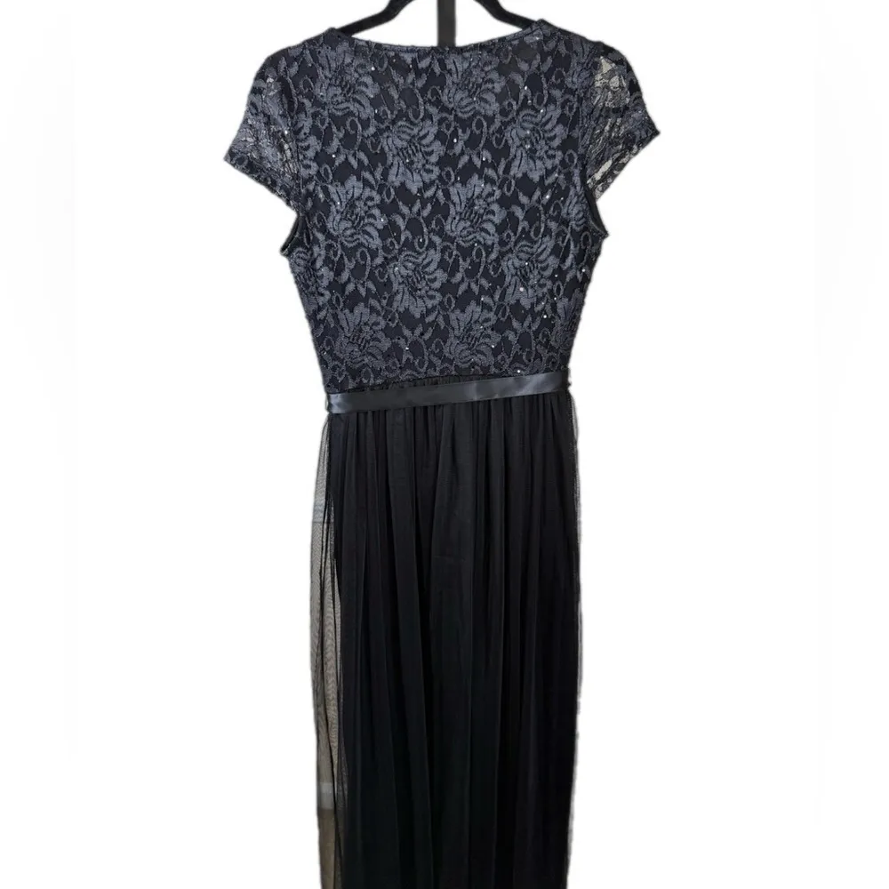 Elegant Lace Bodice Maxi Dress Black Tulle Overlay Formal Gown Prom Tie Small - Image 3