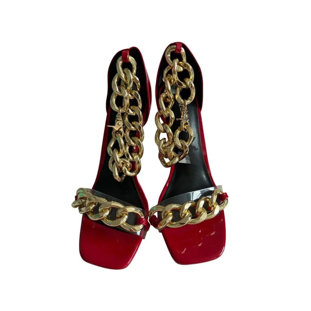 True Religion  Red Gold Patent Chain Ankle Strap Heels Size 8.5 - Image 2