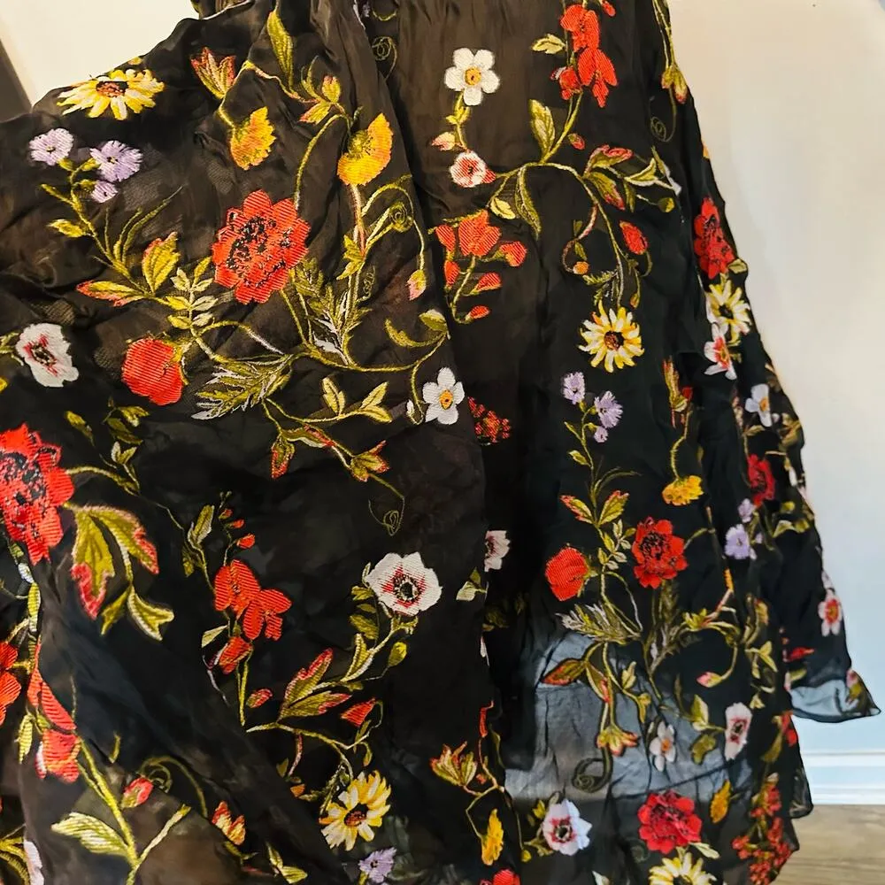 OSCAR DE LA RENTA Black Floral Hand Embroidered Tulle Beaded Midi Dress Size 6 - Image 11