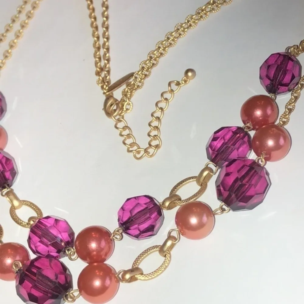 NY Brand Soft Satin Gold Tone & Pink Magenta Clear Beaded Double Strand Necklace - Image 6