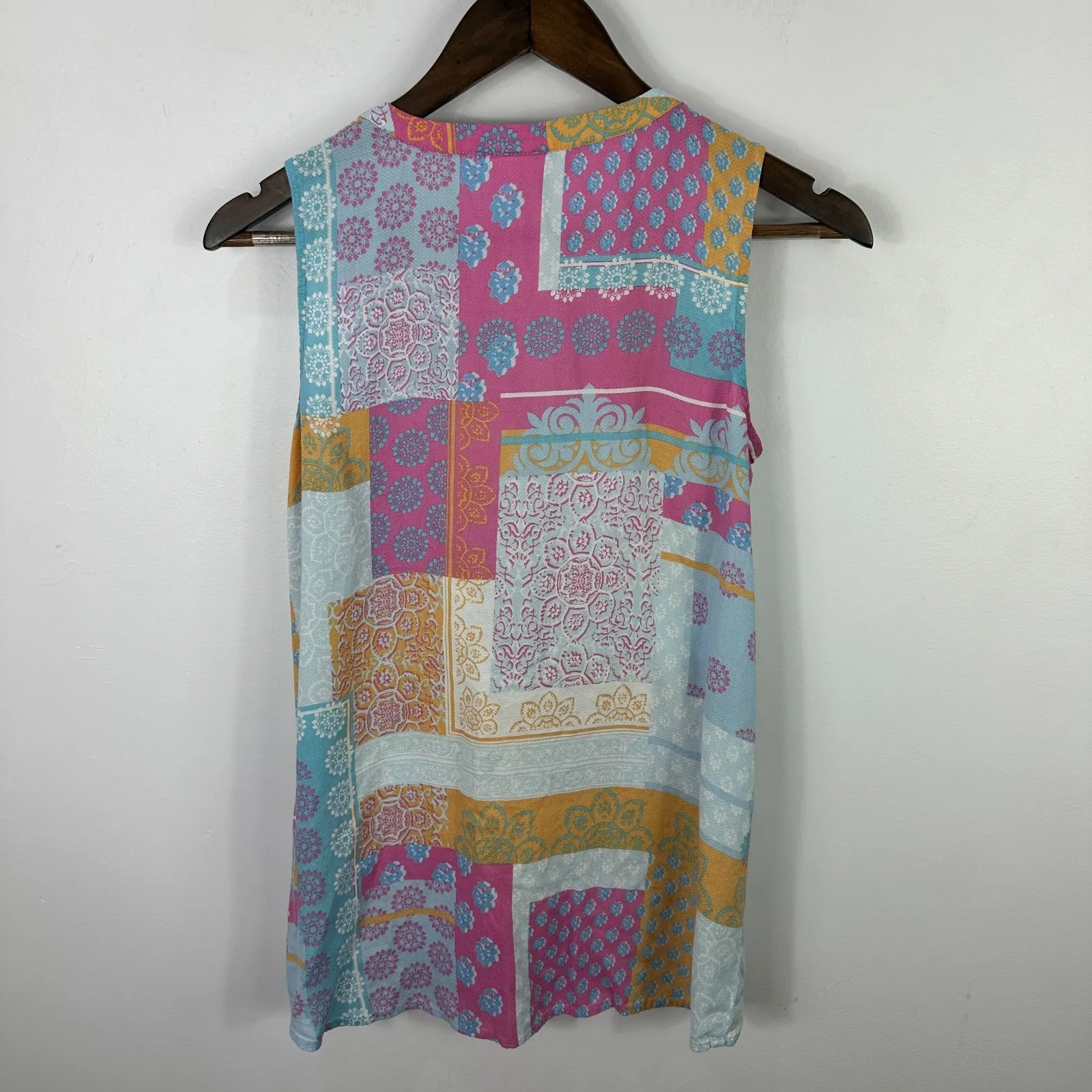 J. Jill Sleeveless Top Womens XS Colorful Patch Work Button Up Boho Hippie Indie - Image 2