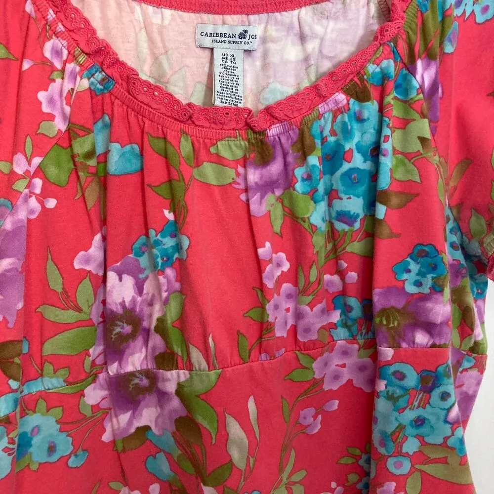Caribbean Joe Pink Blue Purple Green Floral Lightweight Short Sleeve Blouse Top - Image 4