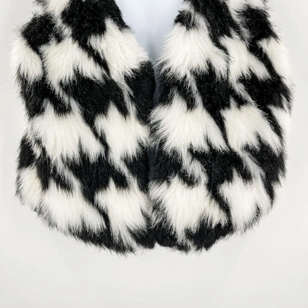 Michael Kors Houndstooth Black White Open Front Faux Fur Vest Large - Image 99