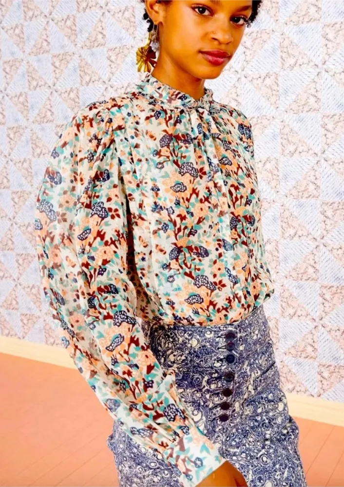 ULLA JOHNSON Edith Blouse Gardenia Floral Metallic Silk Button Front Bow Size 6 - Image 1