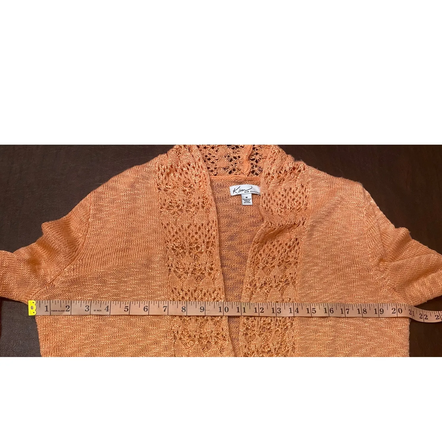 Kim Rogers Peach Open Front Cardigan Pointelle Knit Trim Sweater Medium Coastal - Image 7