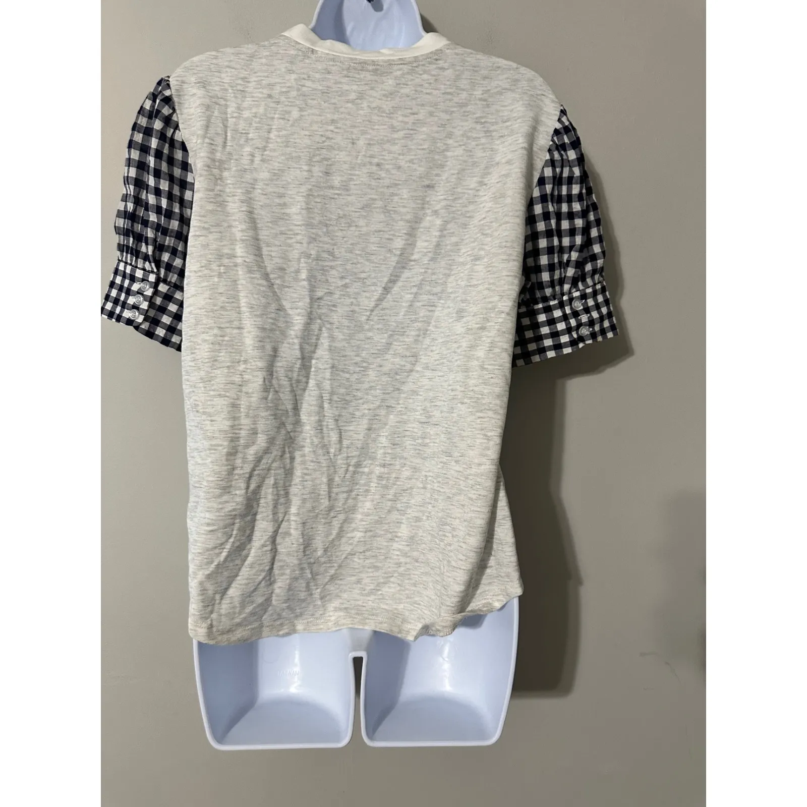 DREW Women's Size S Beige Heathered T-Shirt with Navy Gingham Puff‎ Sleeves - Image 4
