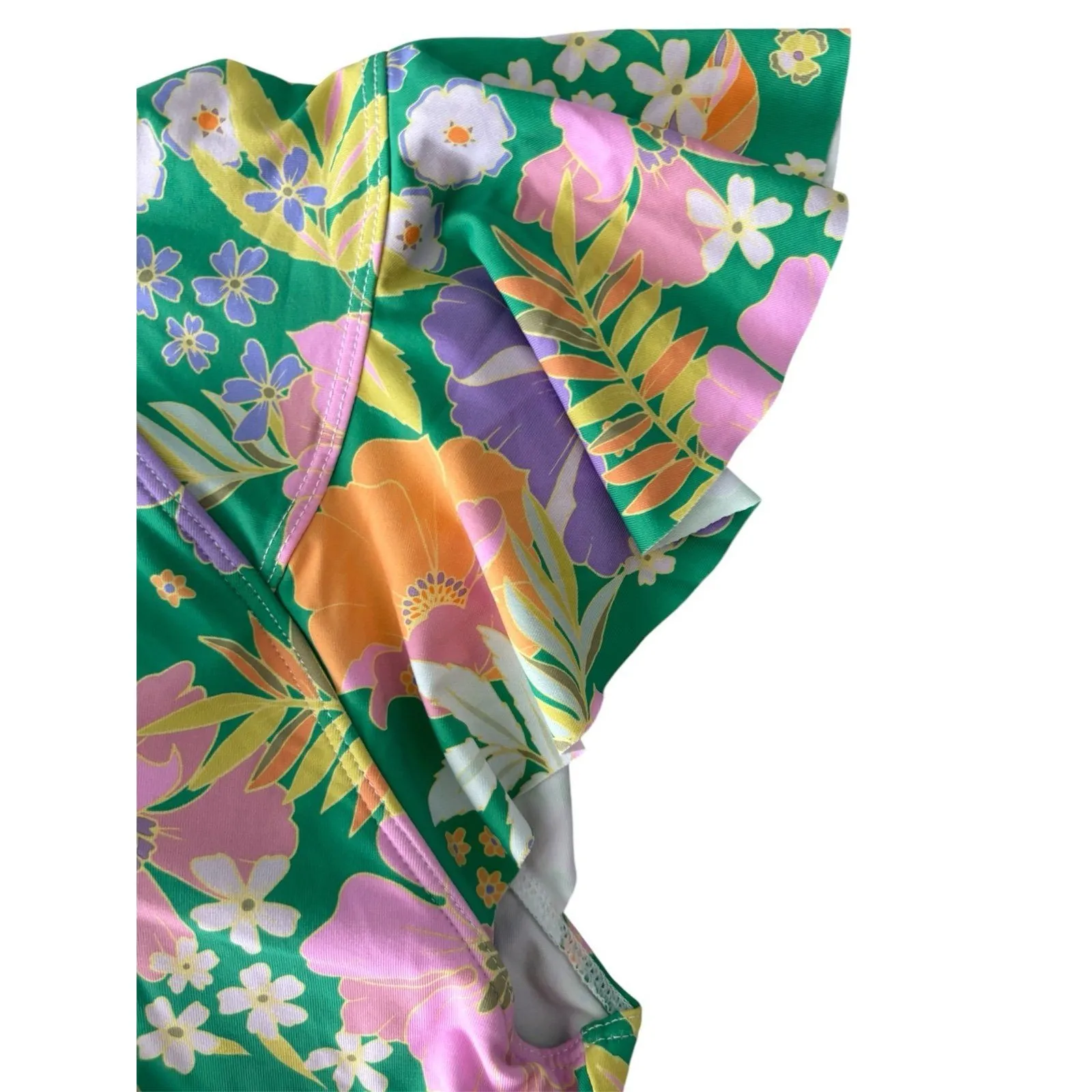 SUNSOAKED Papavero Ruffle Sleeve Padded Floral Zip Up One Piece Swimsuit Size 10 Green - Image 5